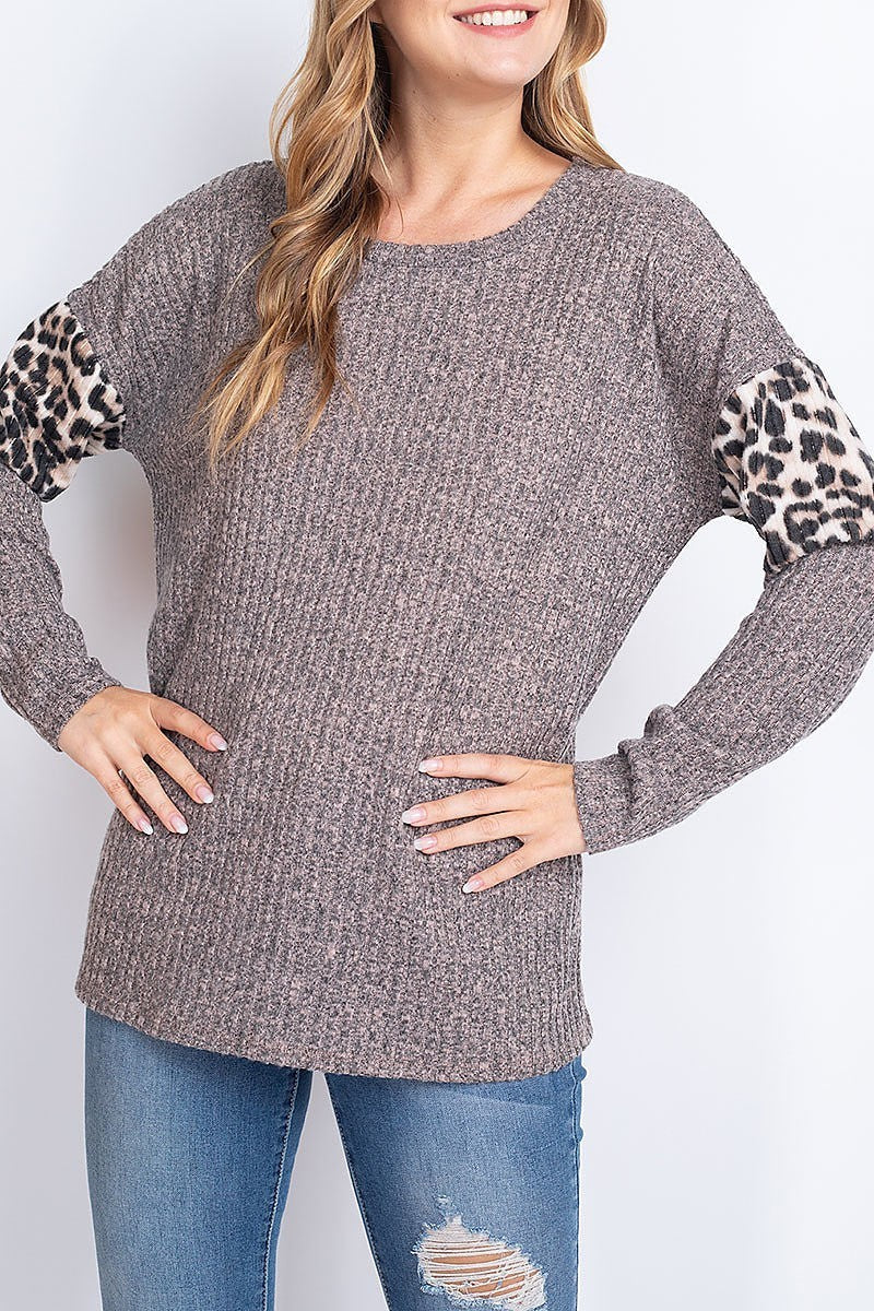 Leopard sleeve detail round neck top (EF2223-REST)