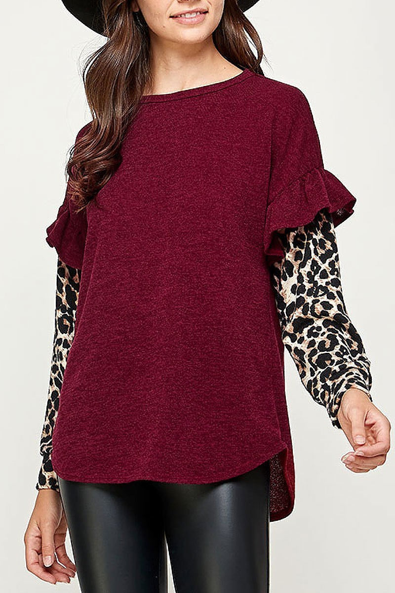 Animal print ruffle detail color block top (EF2233)