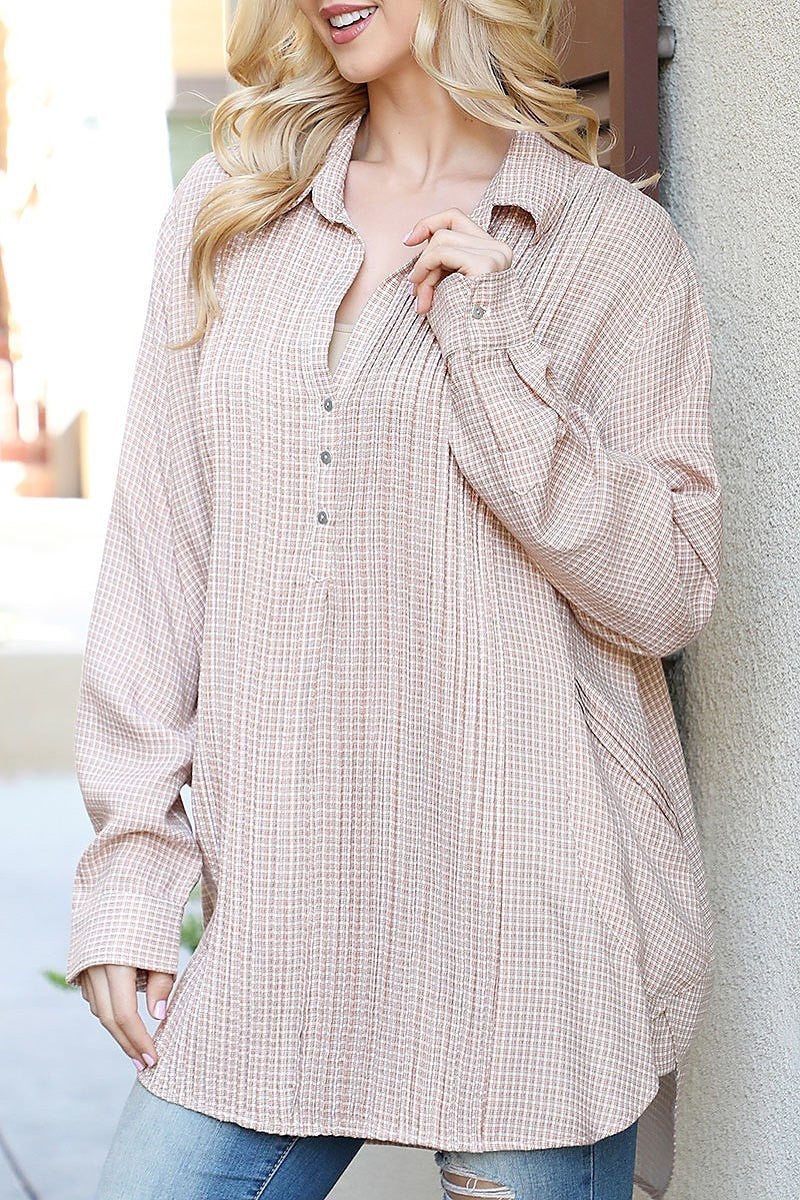 Button detail long sleeve plaid top (EF6957)