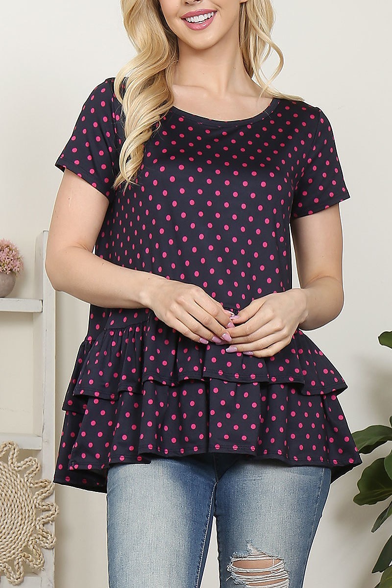 Polka dot ruffle hem short sleeve top (ET5621)