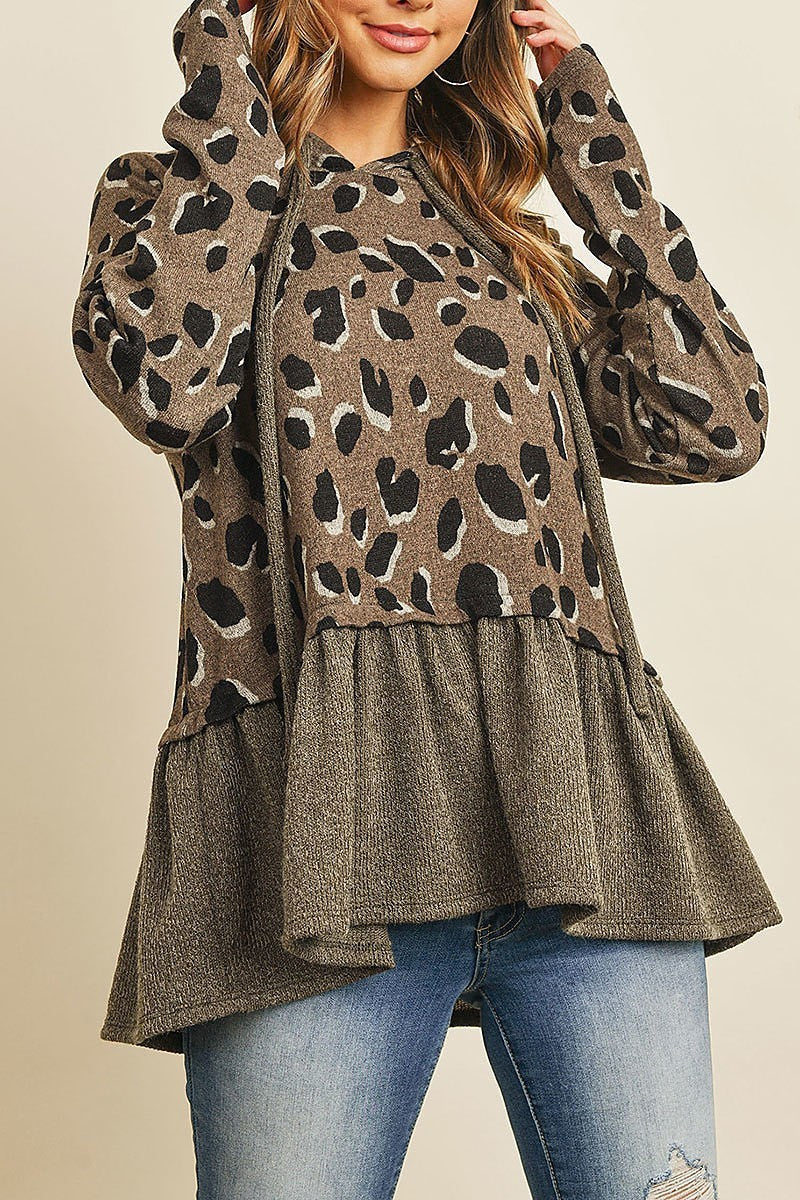 Leopard solid cinch ruffle hem hoodie with self tie (ED8321)