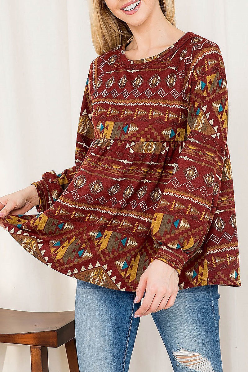 Boho print puff sleeve shirring top (EF2884)