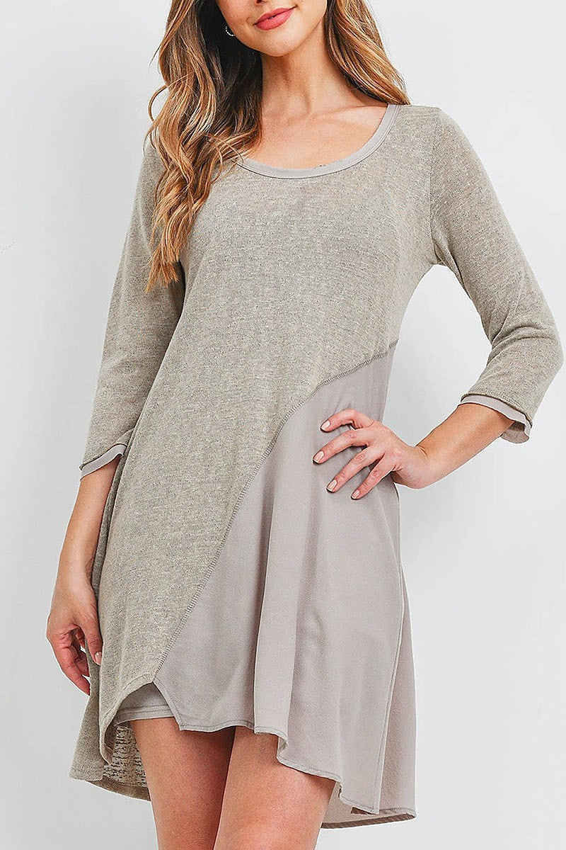 Mix fabric asymmetrical hem tunic dress (DED6419-1)