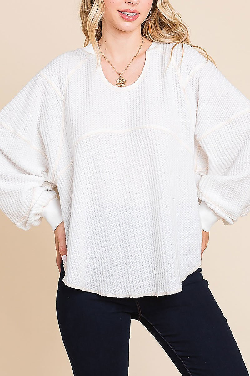 Blushed waffle out-stitching hemming pullover (EDH1829)