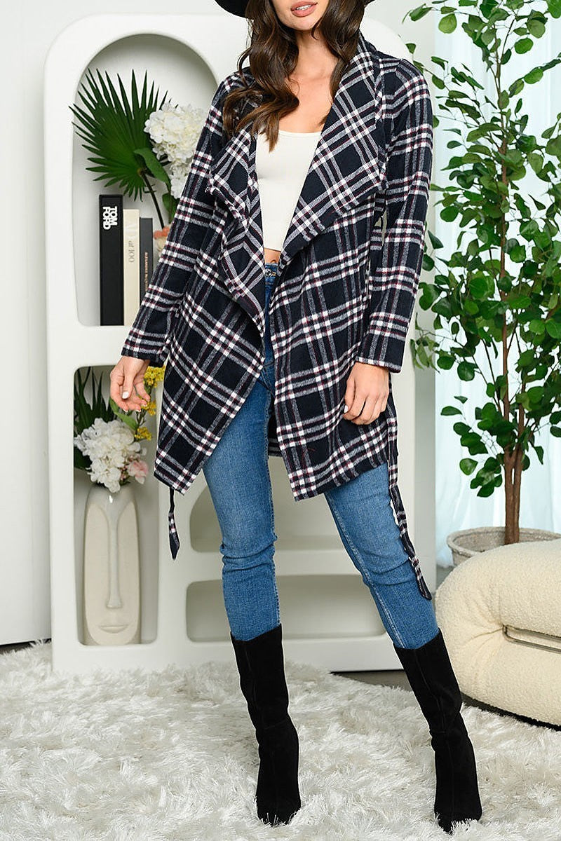 Long sleeve pockets plaid self tie cardigan (EDWT5884)