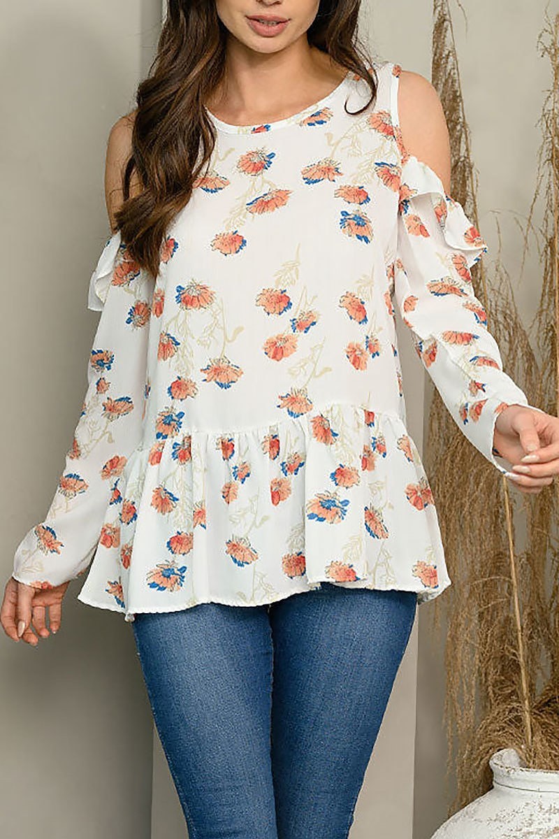 Cold shoulder floral ruffle top (EDWT5280)