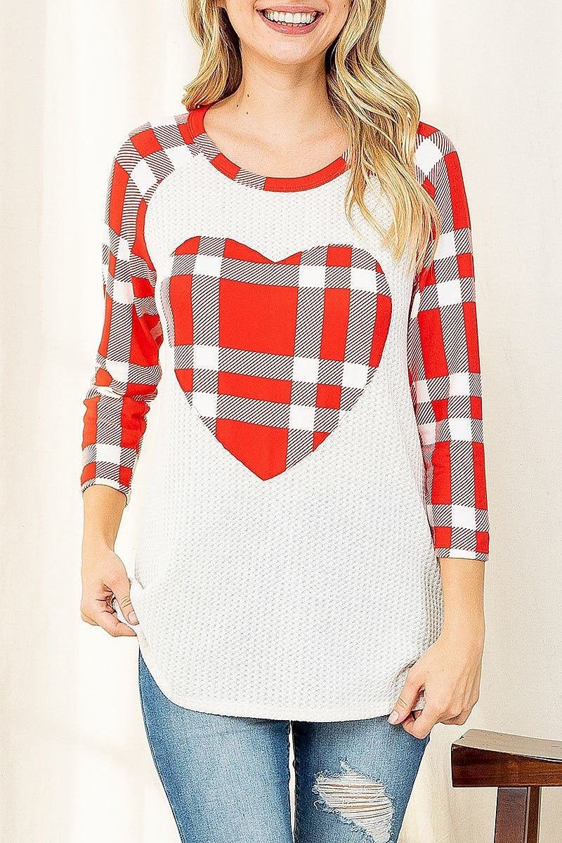 Plaid heart print quarter sleeve waffle top (EF2734)