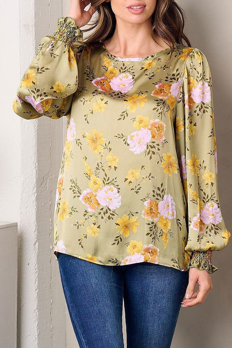 Long sleeve floral satin top (EFWT3001)