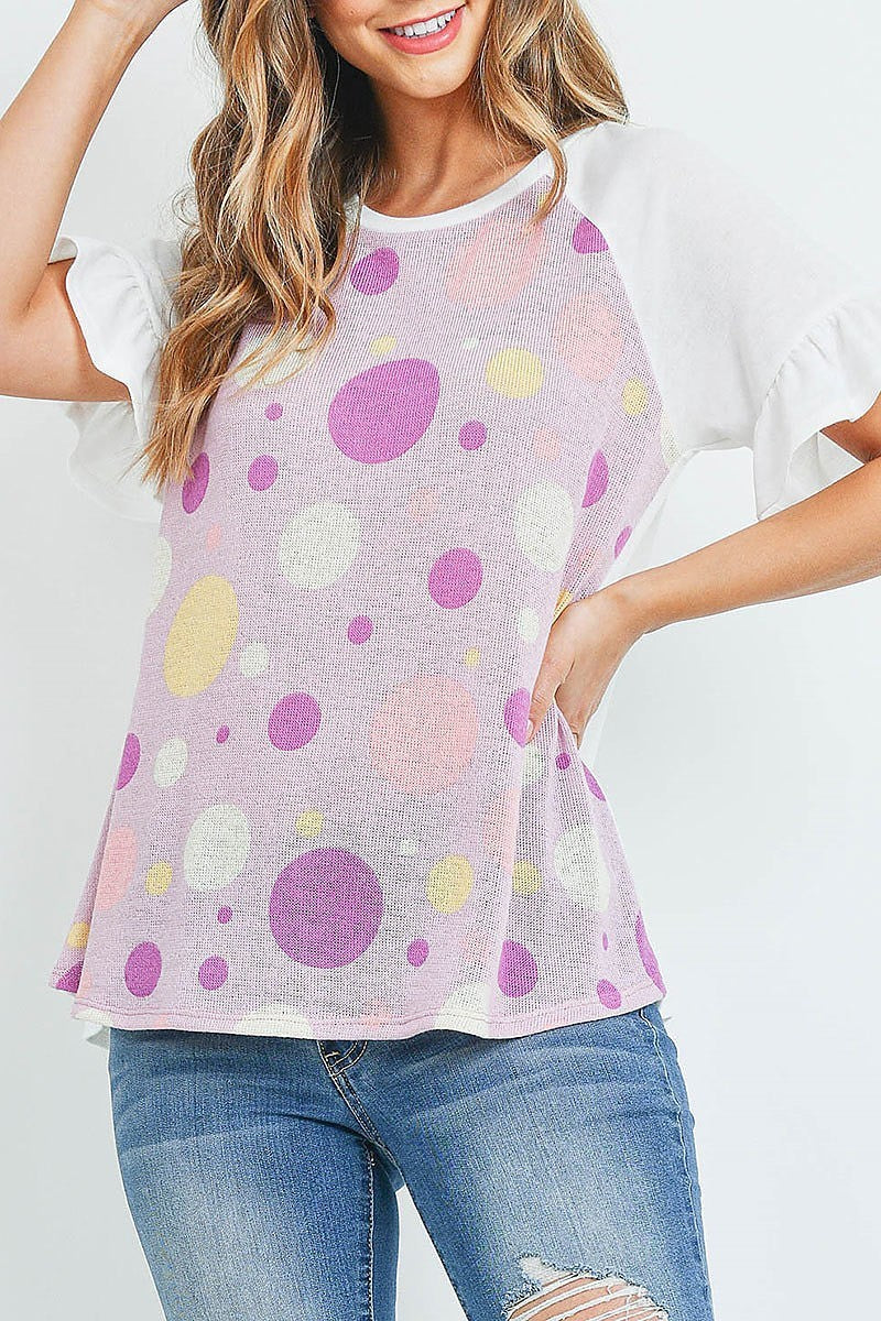 Ruffle raglan sleeves multi color polka dot top (ED9645)