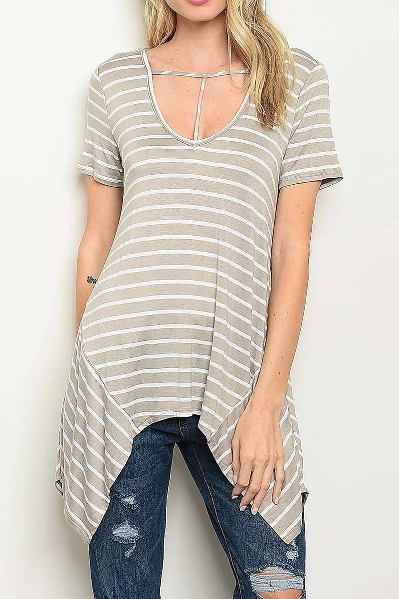 Shark bite hem detail v neck stripe top (ED4238-LAST)