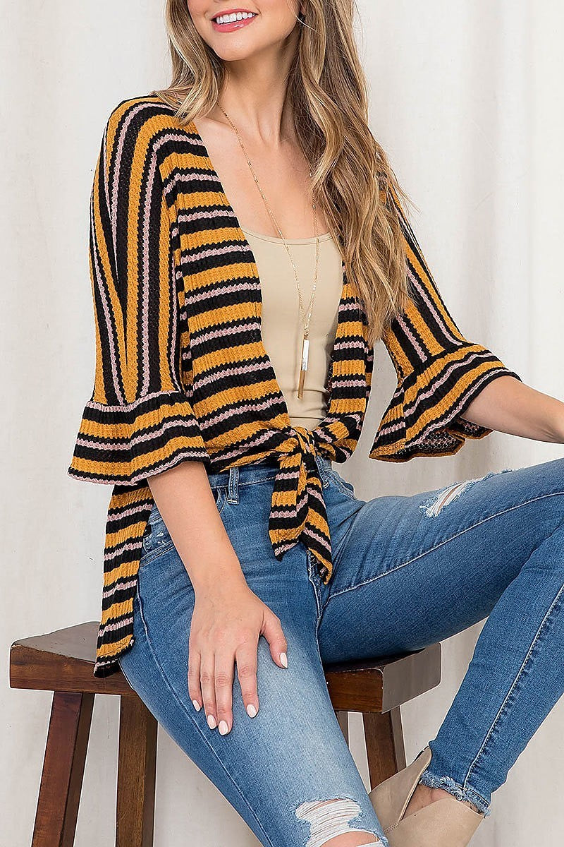 Waist tie bell sleeve multi stripe hi lo cardigan (DGS5530)