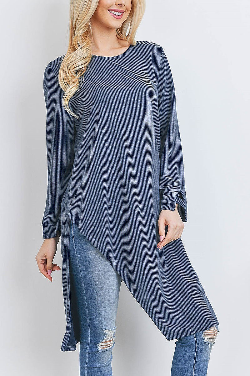 Cutout detail long tunic stipe top (EF2646)