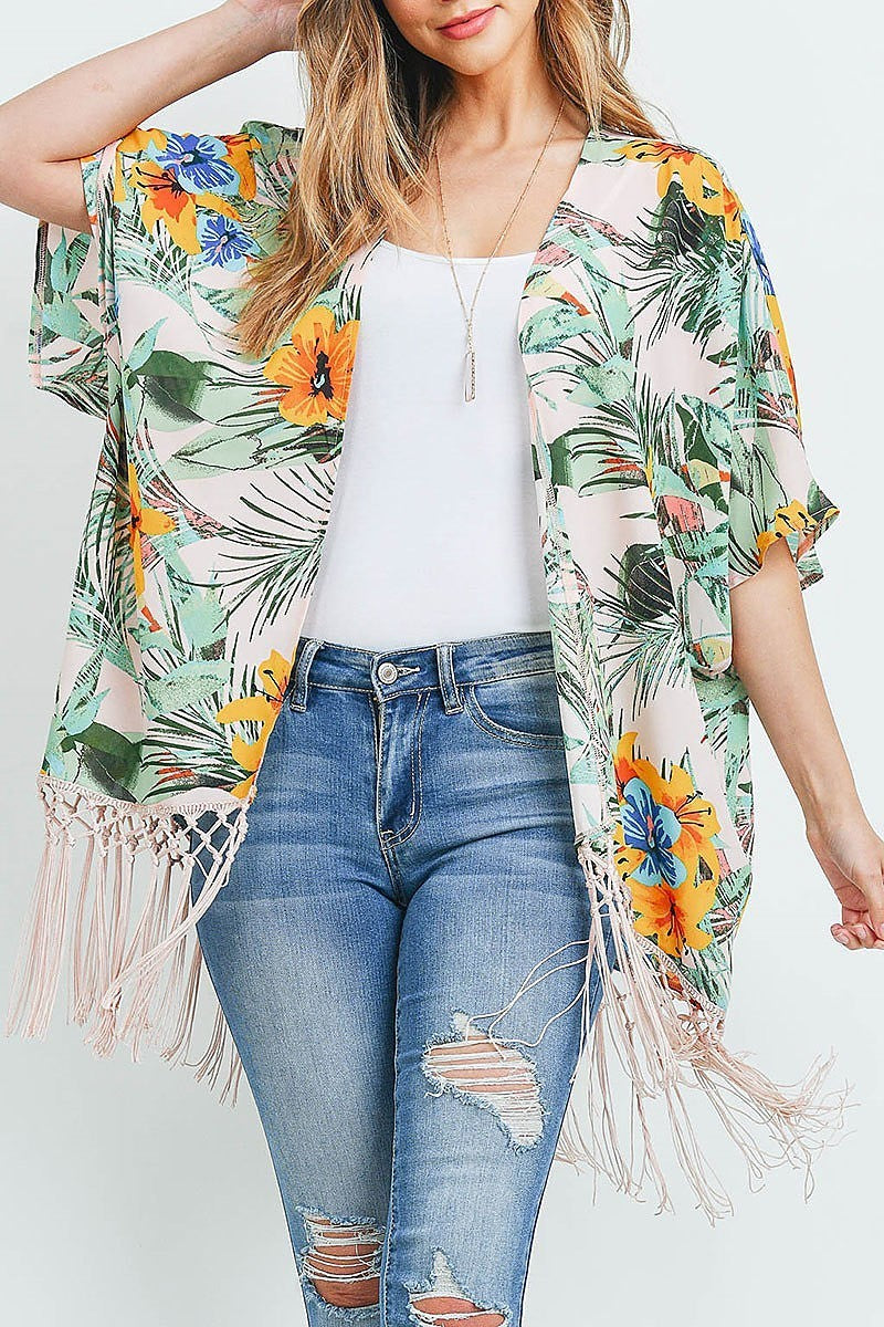 Fringe detail floral print kimono (ED9057)