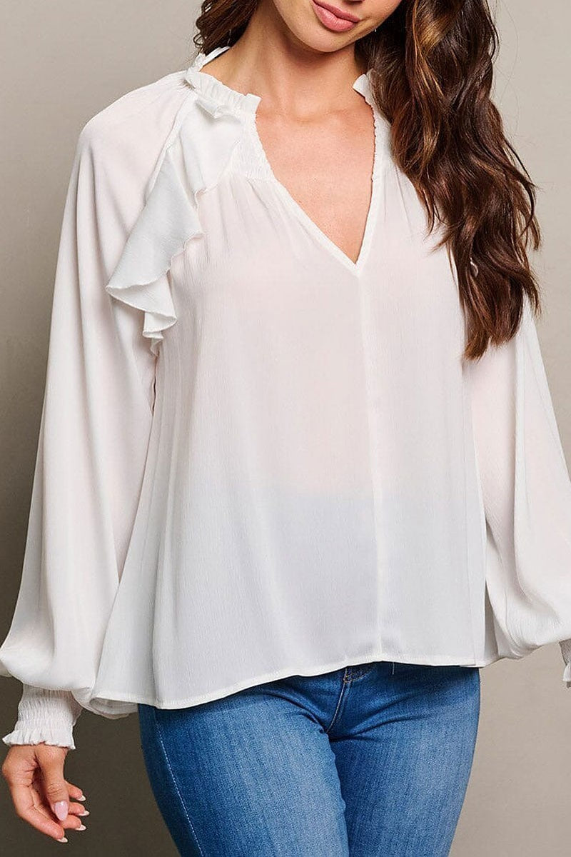 Long sleeve v-neck ruffle blouse top (EGWT1714)