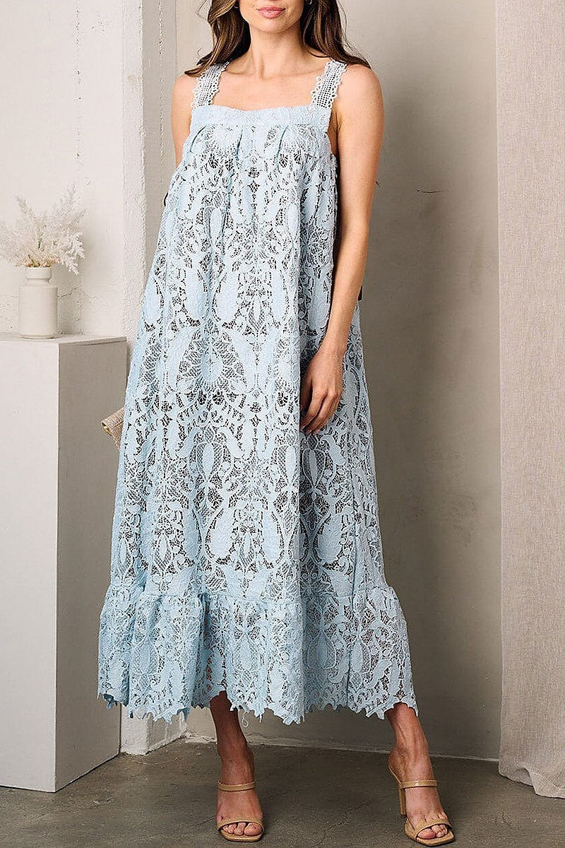 Sleeveless square neck tunic lace maxi dress (EFWT3526)