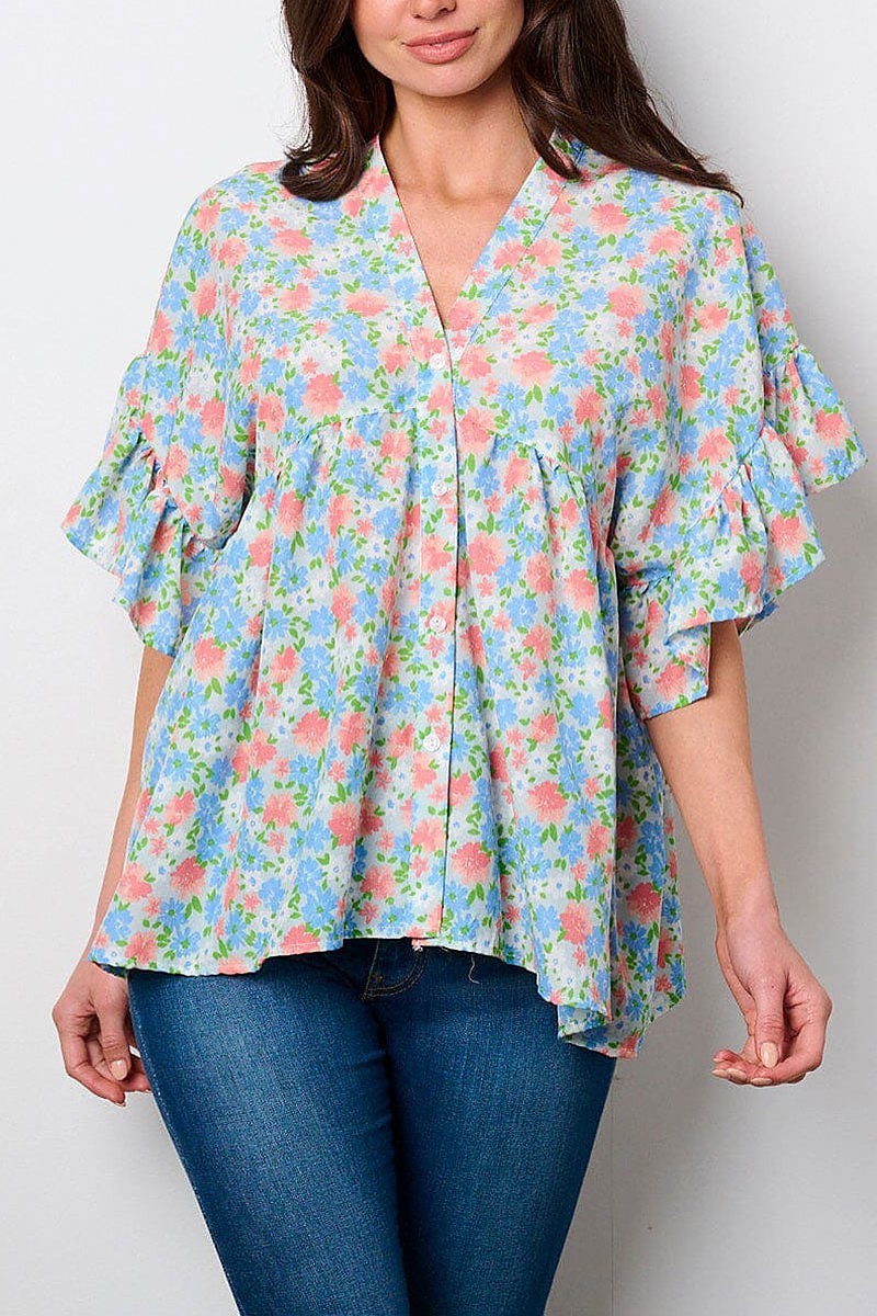 Short sleeve v-neck lace up back floral tunic top (EFWT8951)