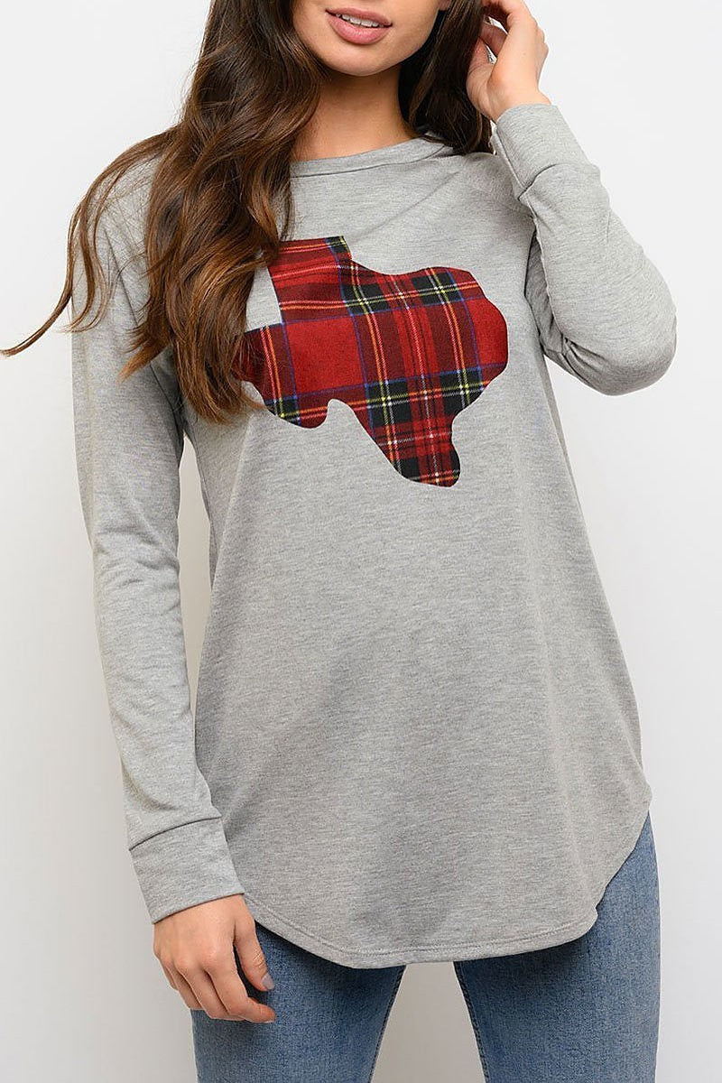 Texas plaid detail terry round neck top (EDWT3332)