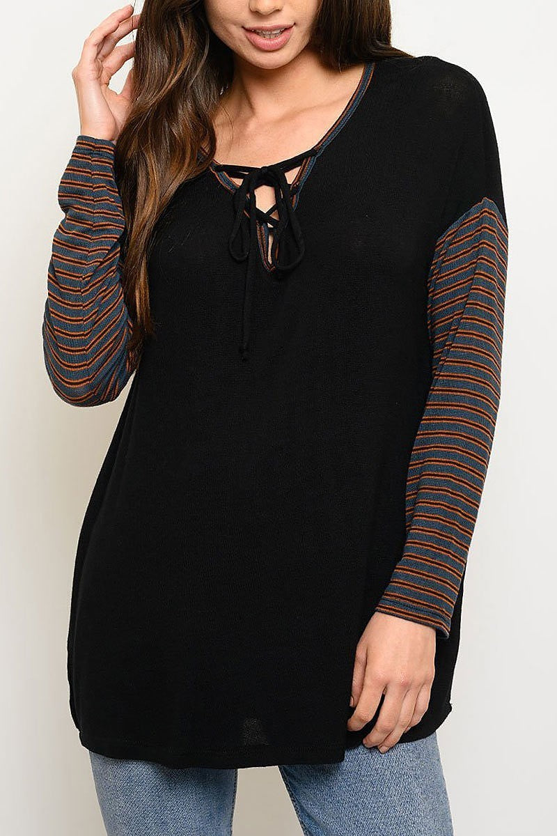 Long sleeve v neck lace up top (EDWT3525)