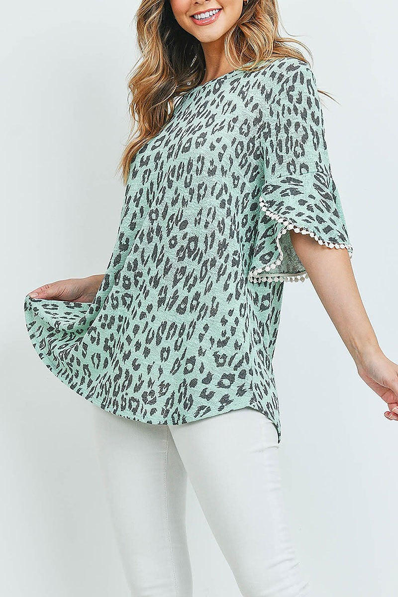 Lace detail bell sleeves leopard top (ED8809)