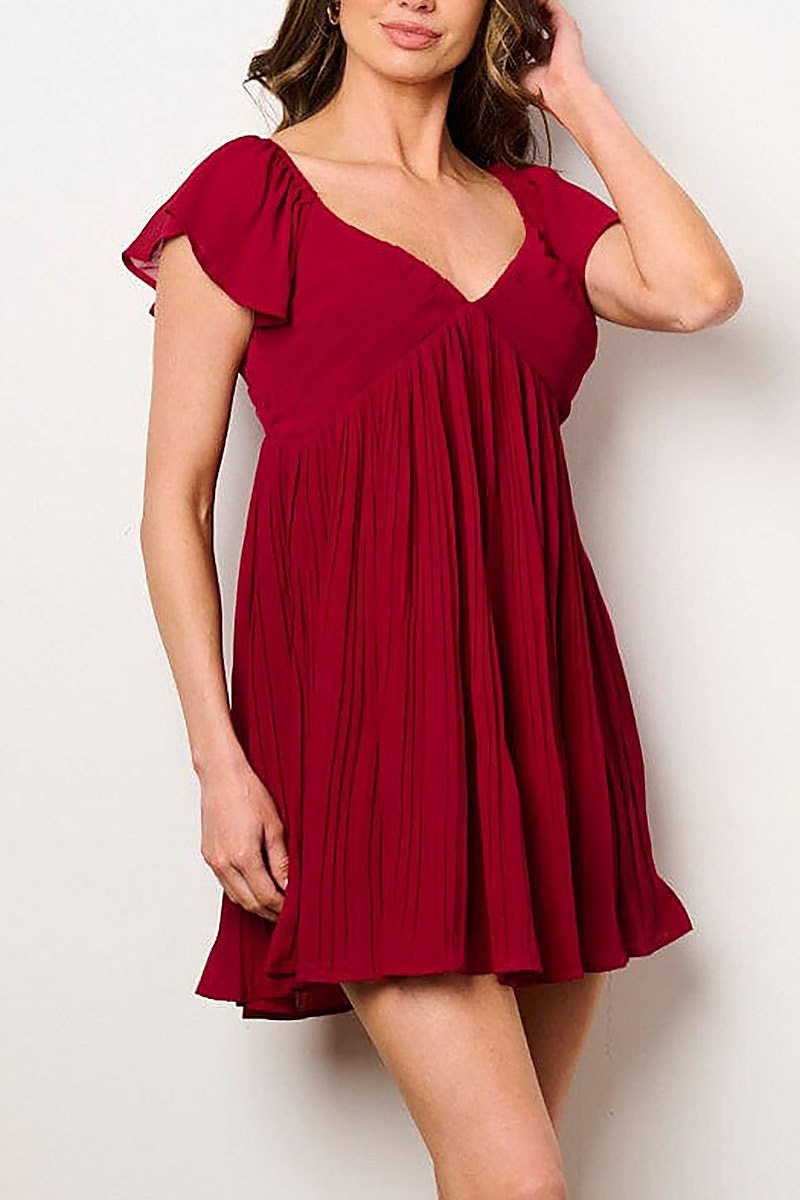 Short ruffle sleeve v-neck fit & flare mini dress (EFWT9192)