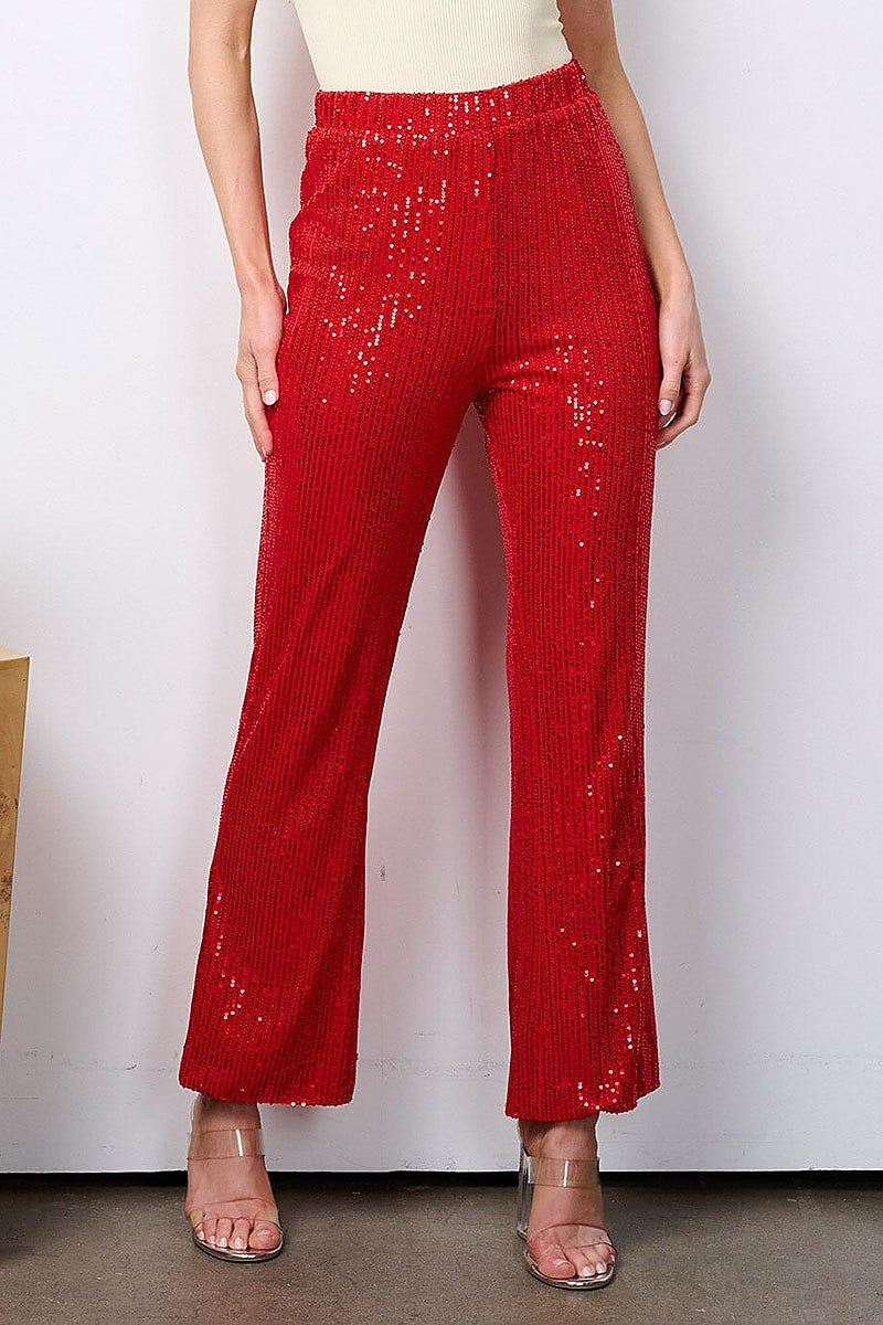 Elastic waist sequins wide led pants (EFWT7432)