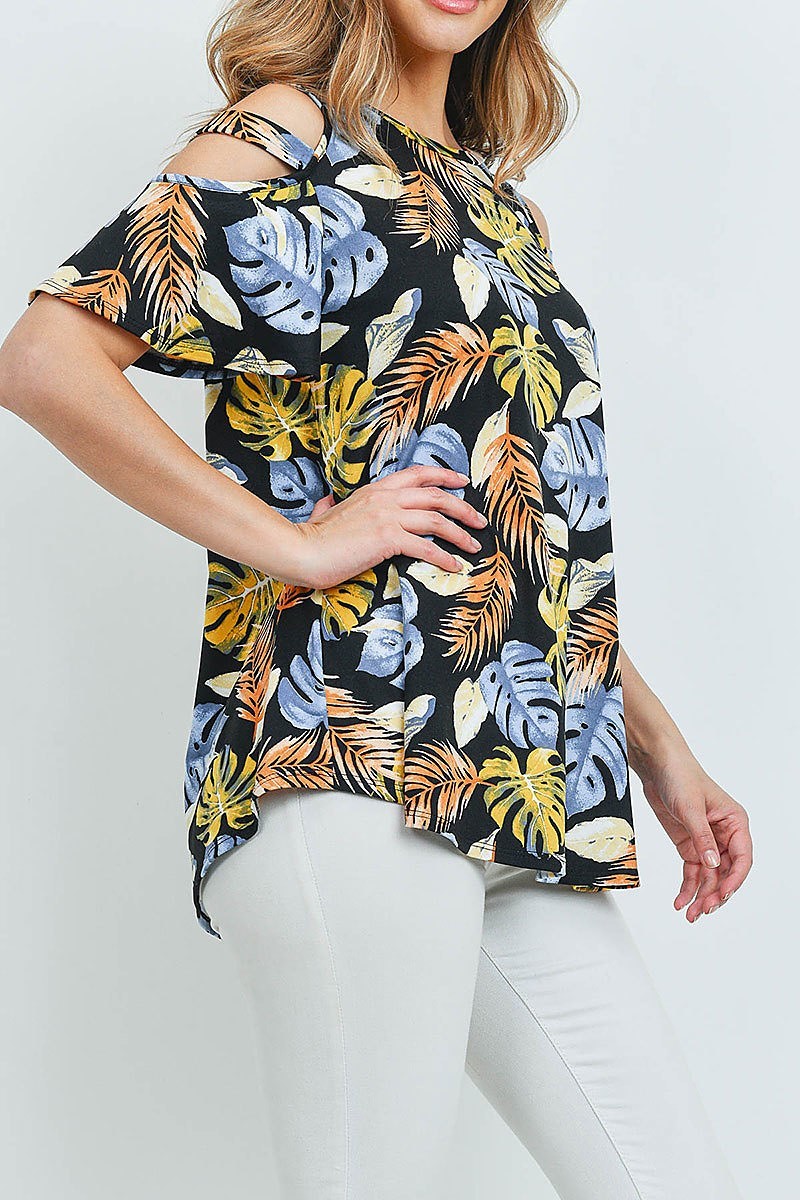 Tropical print cutout sleeve top (ED9260)