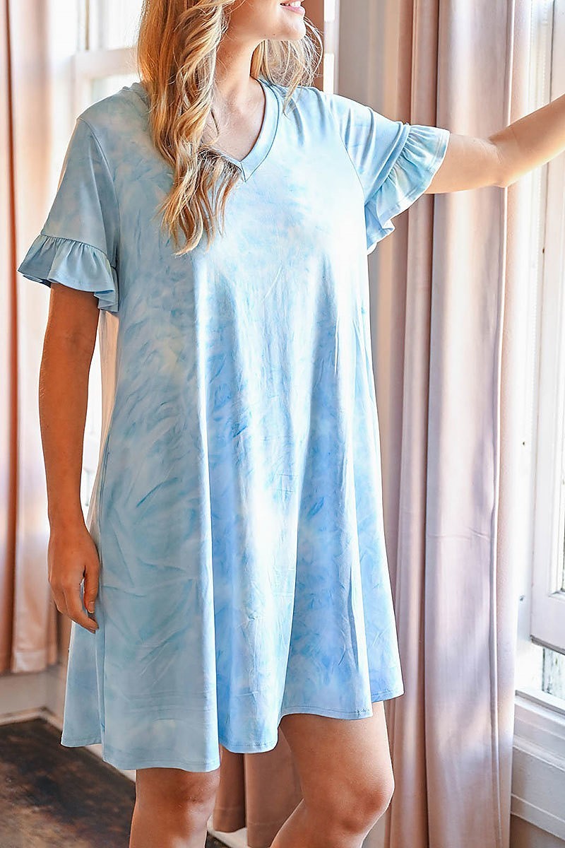 Tie dye ruffle sleeves v neck dress (DED6295)