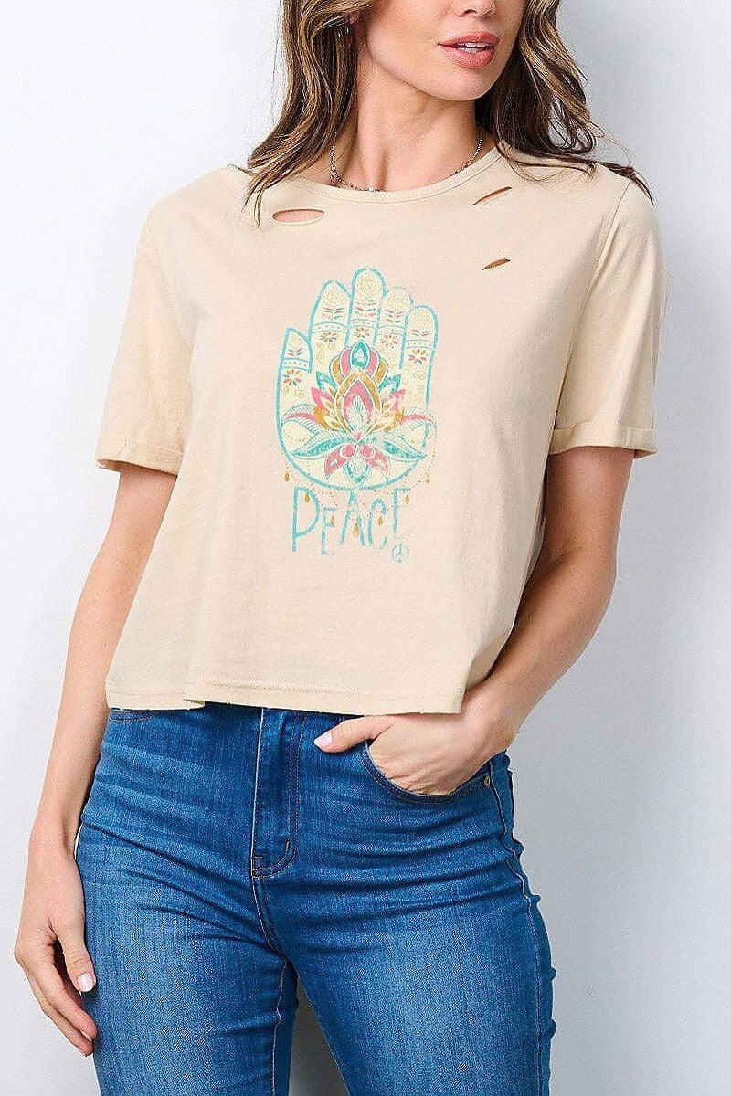 Short sleeve graphic distressed top (EFWT7185)