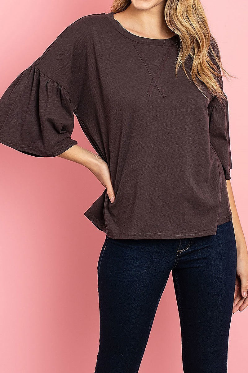 Round neck ruffle bell sleeve top (ED7969)