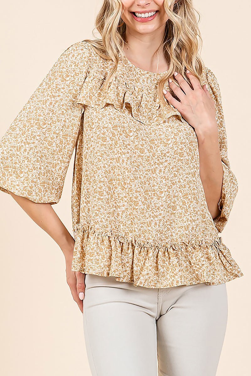 Floral printed long sleeve blouse with ruffle (EDH2176)