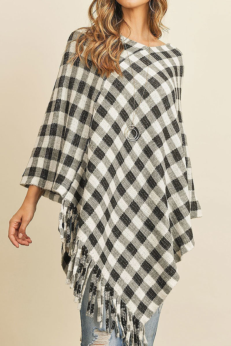 Fringe detail buffalo plaid poncho kimono (DGS4956)