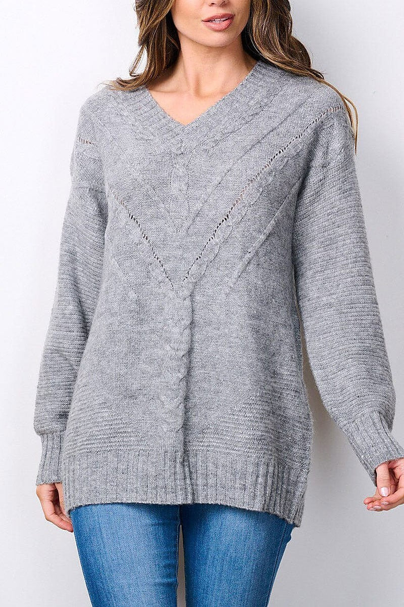 Long sleeve v-neck knitted sweater (EFWT7492)