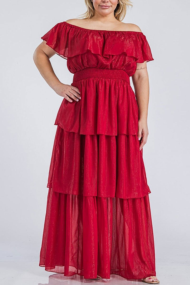 Off shoulder smock waist tiered shimmer maxi dress (EGWT2173)