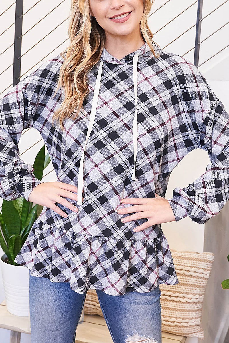 Plaid puff sleeve ruffle hem self tie hoodie (EF2474)