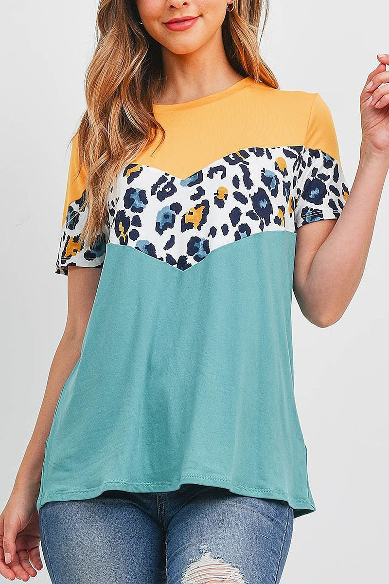 Chevron leopard color block top (EF1855)