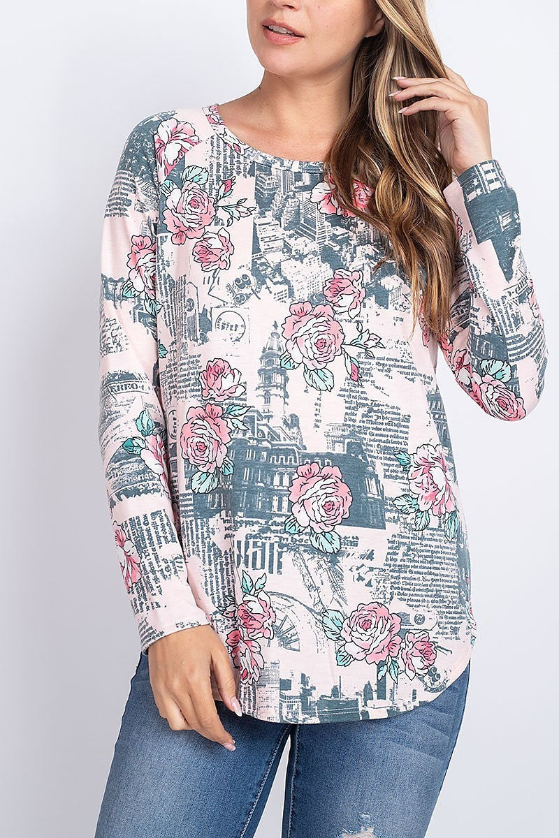 Floral newspaper print round neck top (EF1883)