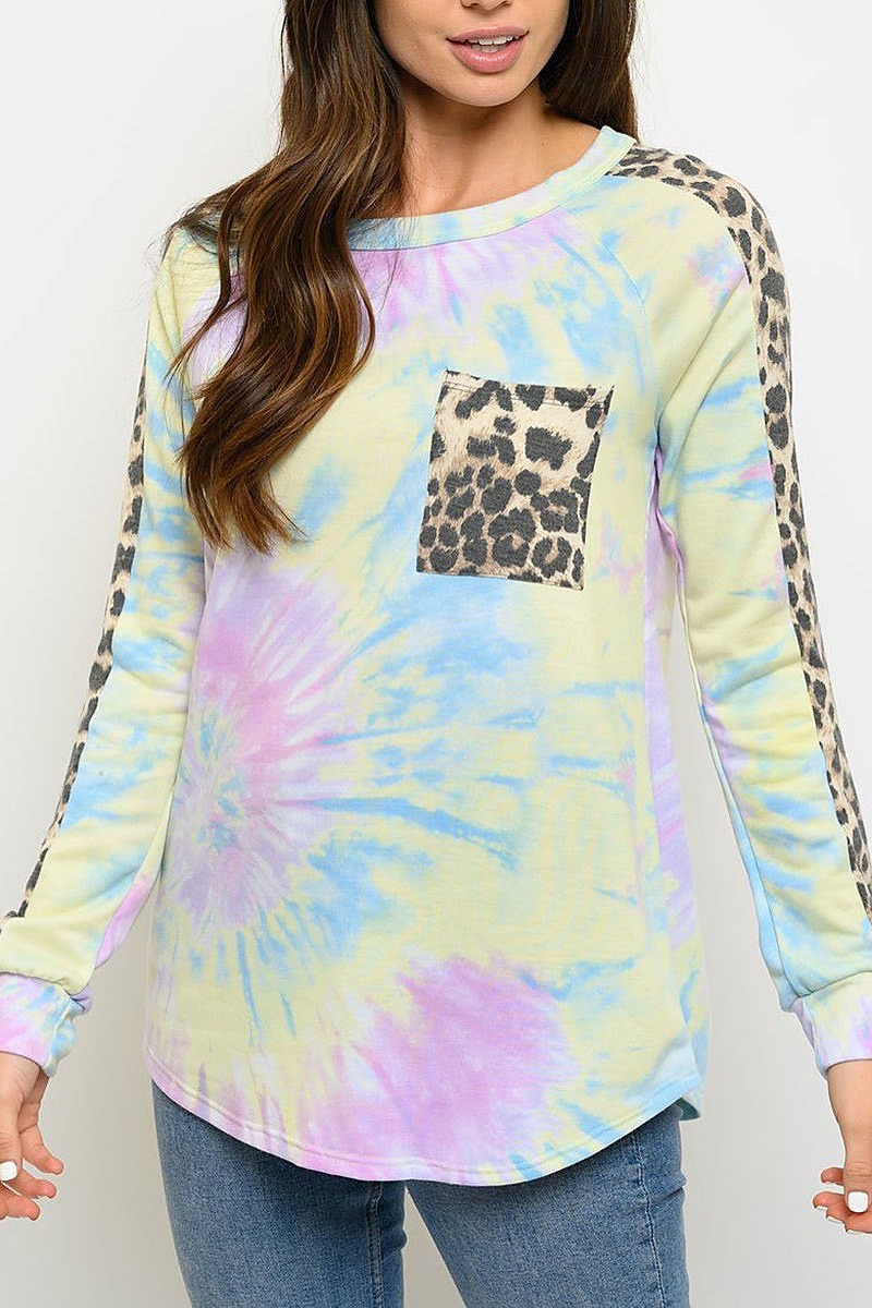 Contrast animal print tie dye long sleeve top (EDWT3071)