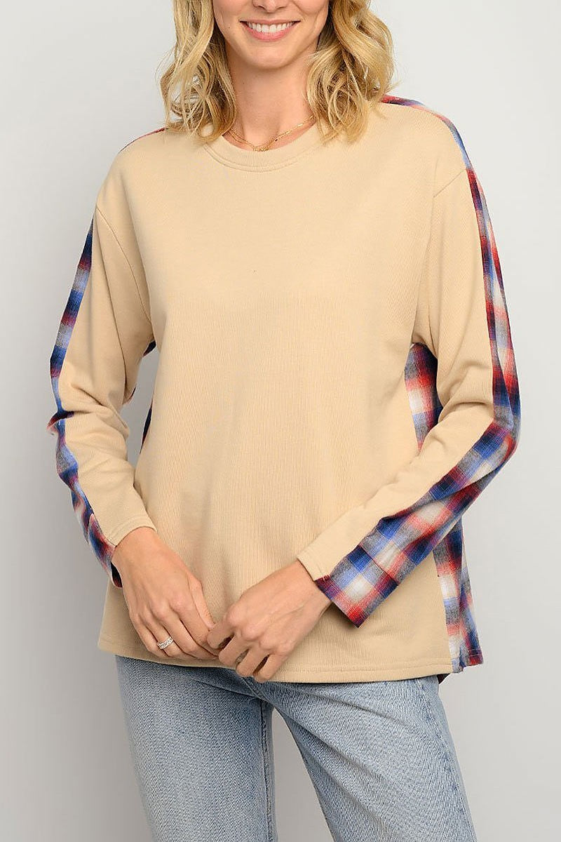 Long sleeve plaid contrast top (EDWT3410)