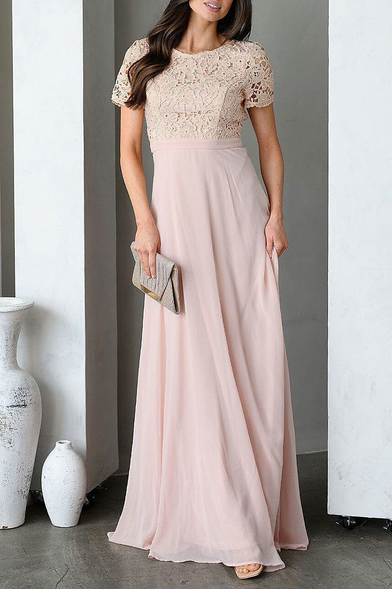 Short sleeve lace detailed open back gown maxi dress (EDWT9316)