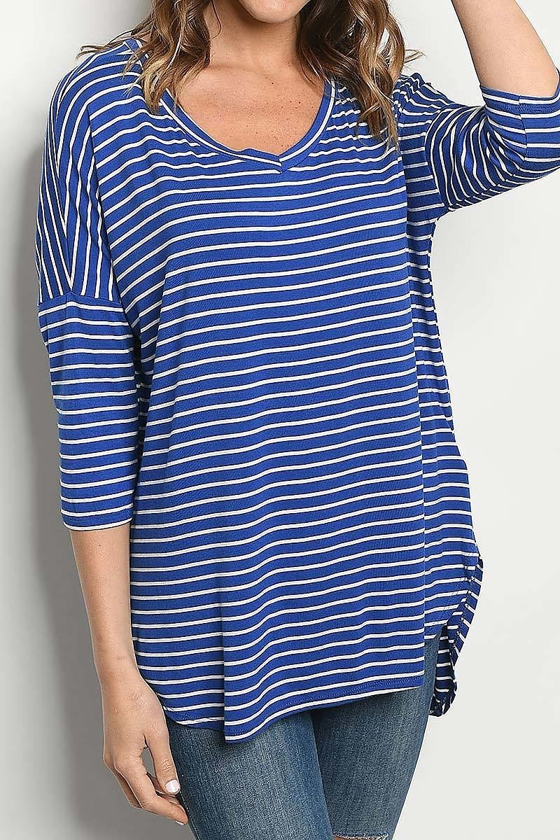 V neck loose fit stripe top (ED6379-LAST)