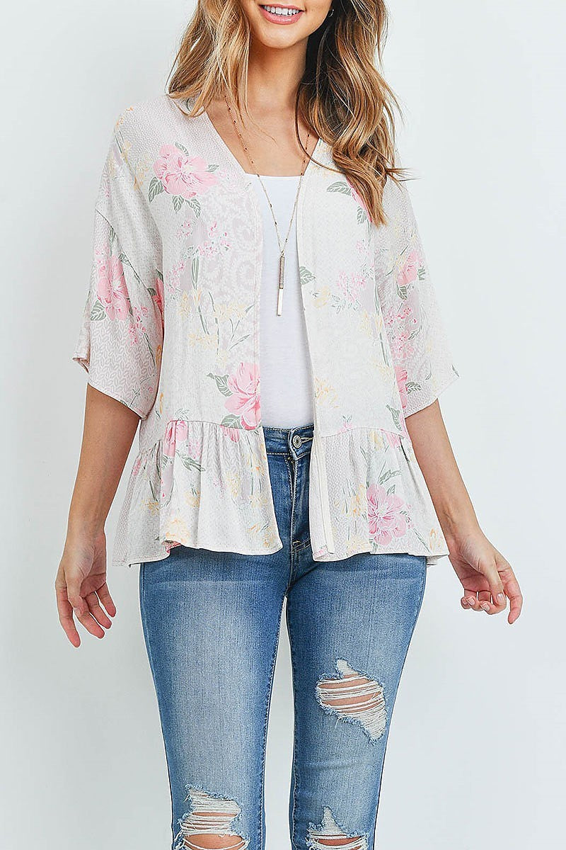 Ruched peplum detail floral print kimono cardigan (ED8756)