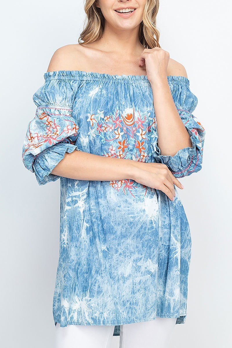 Floral embroidered off shoulder tie dye top (EF1310)