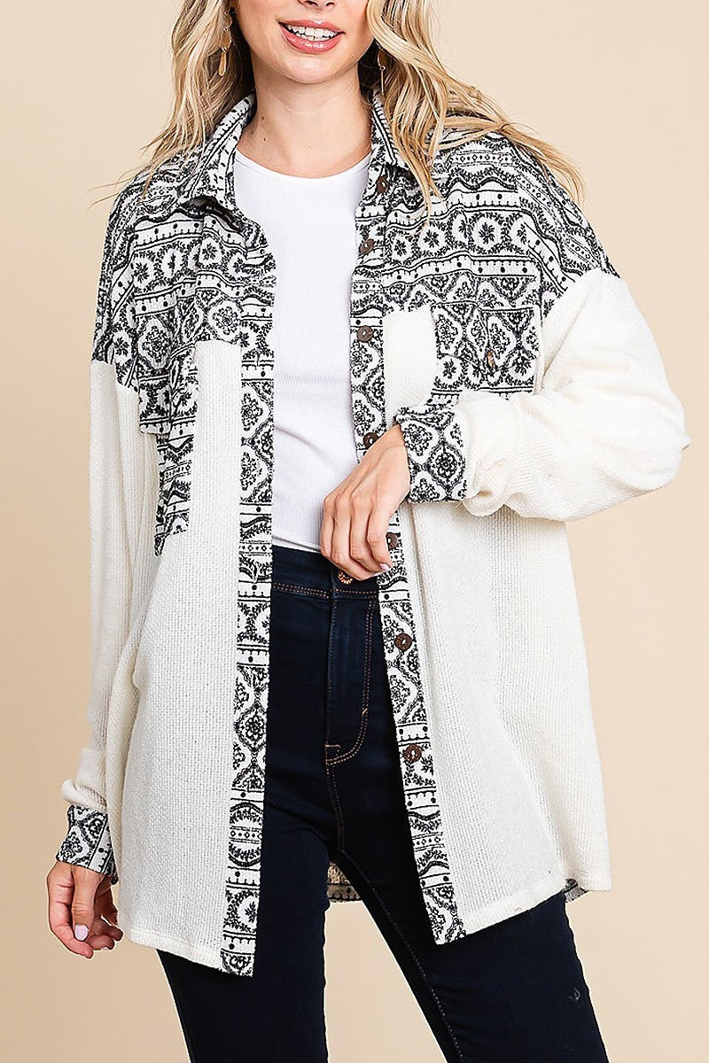 Aztec printed color block shirt jacket (EDH1591)