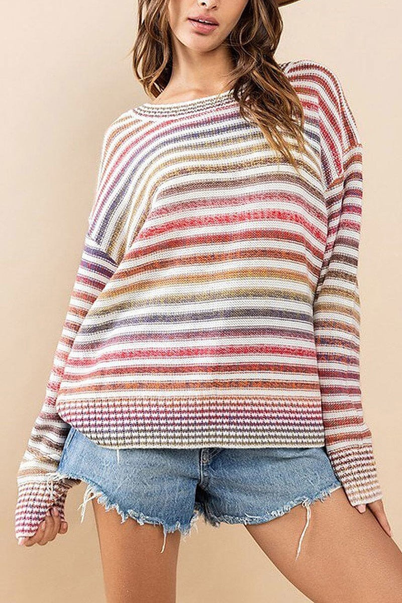 Long sleeve multi color stripes sweater (EFWT6252)