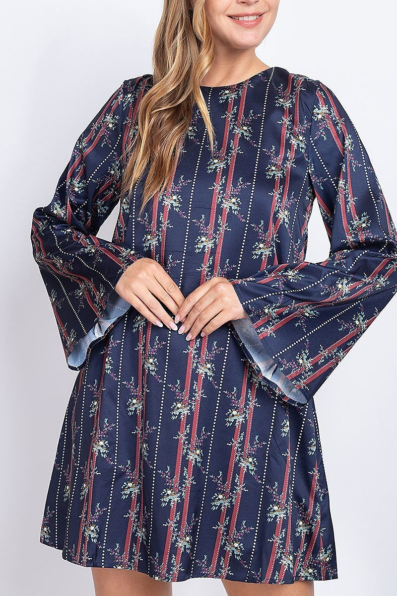 Floral print stripe bell sleeve tunic dress (DED6813)