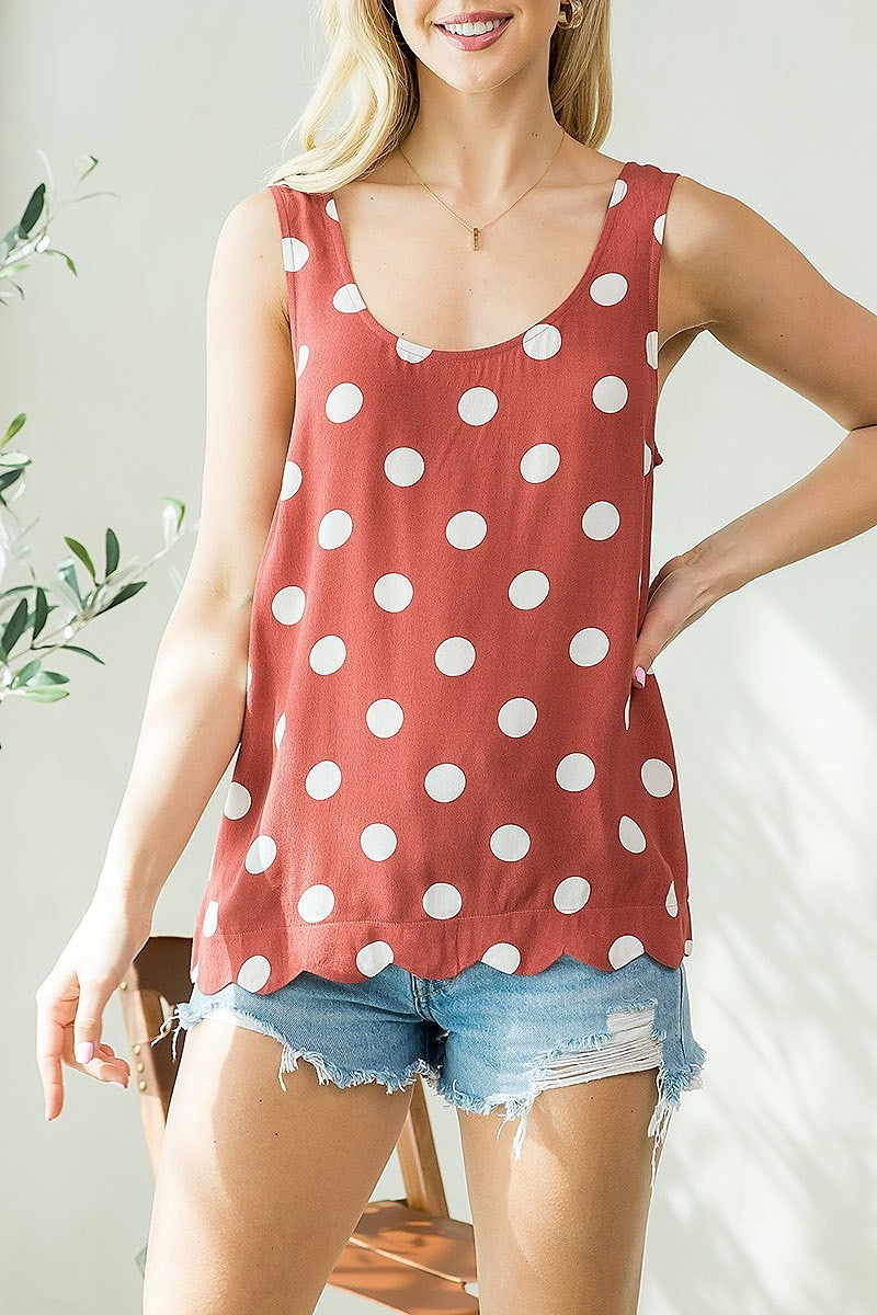 Scalloped hem polka dot scoop neck top (EF3946)