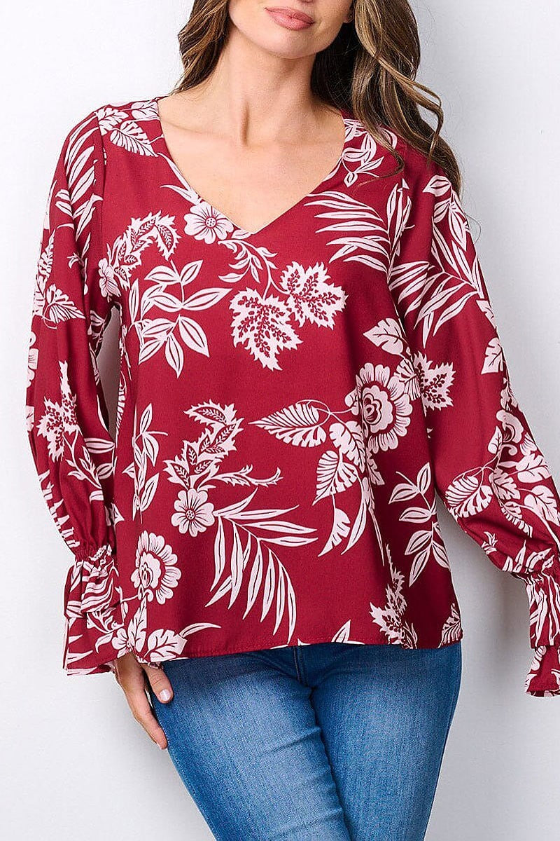 Long smock sleeves v-neck floral tunic blouse top (EFWT7482)