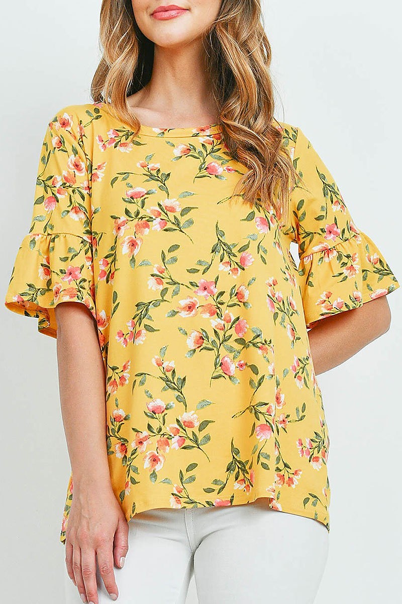 Bell sleeves round neck floral top (ED9699)