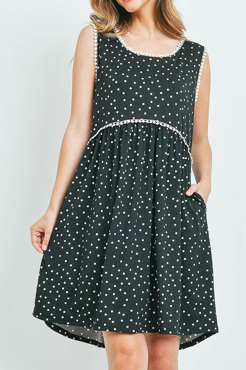 Polka dot sleeveless pompom detail neckline cinch waist baby doll dress with pockets (DED6176-3)