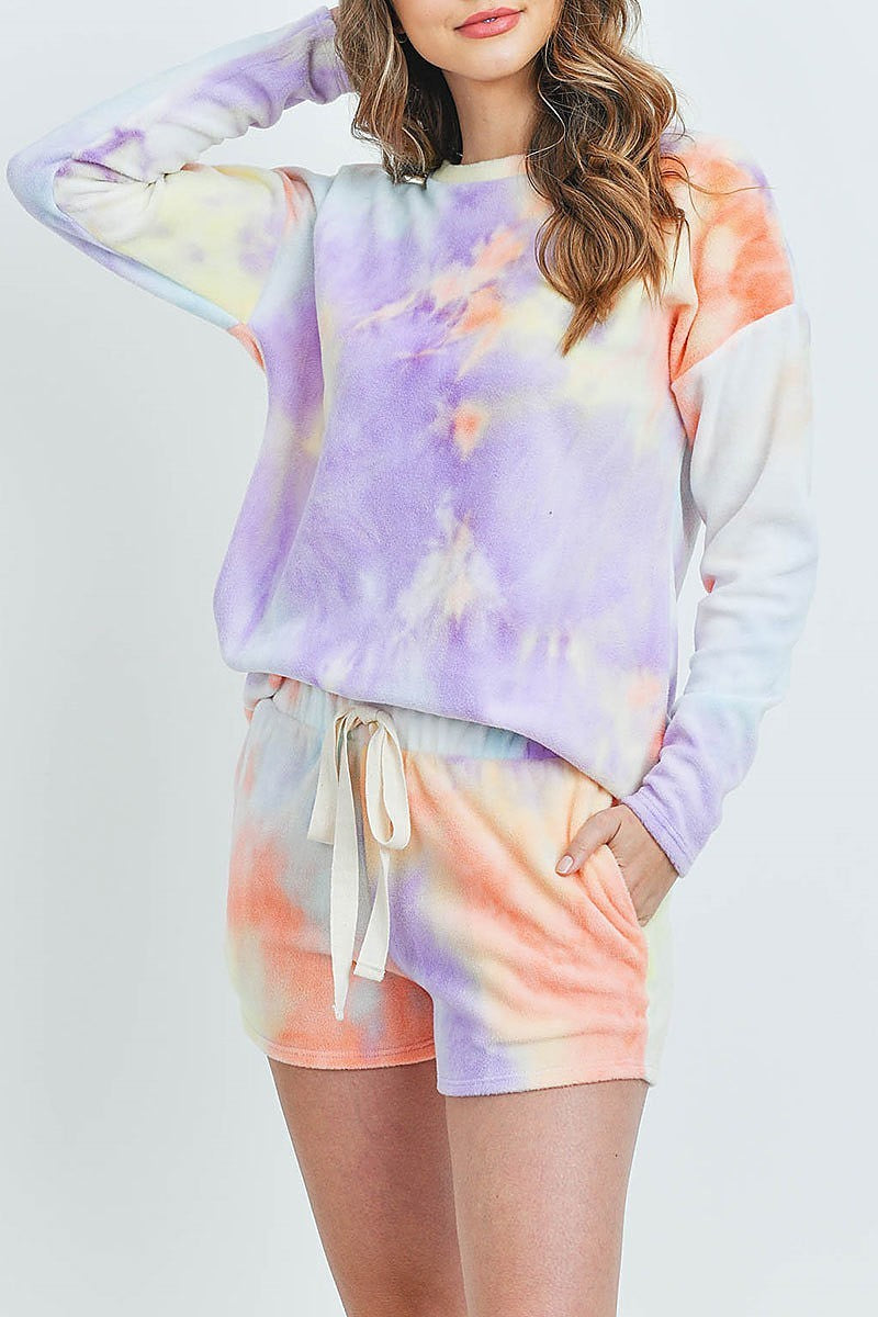 Top and shorts tie dye set with self tie (ED8621)